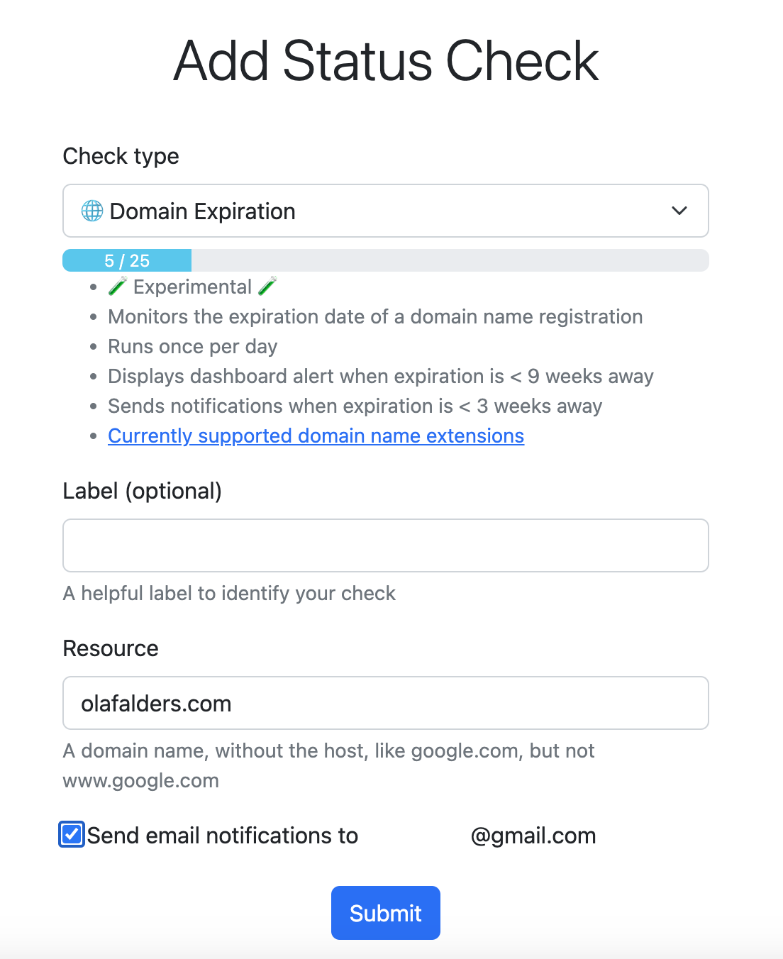The add domain name status check form