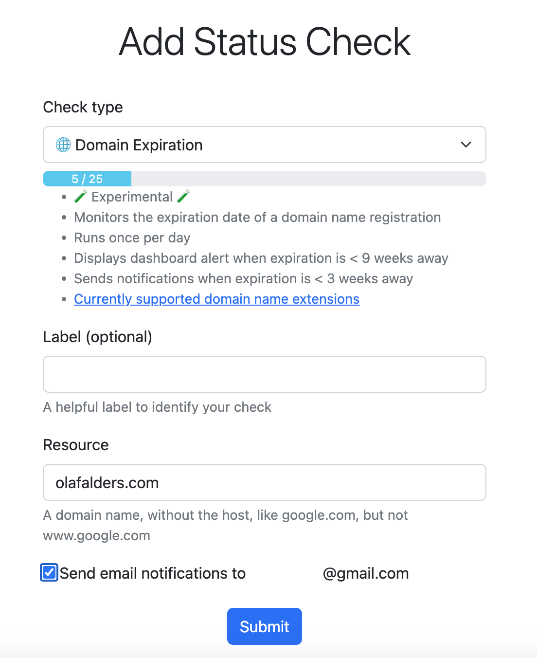 Example of the form for adding a new domain name expiration status check