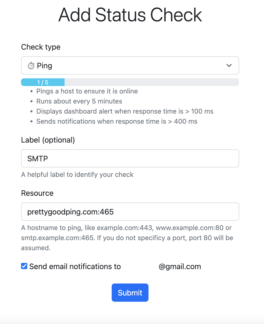 example form for adding a new ping status check