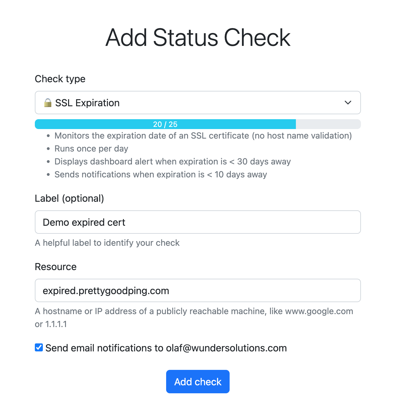 An example of the form to add a TLS/SSL certificate check